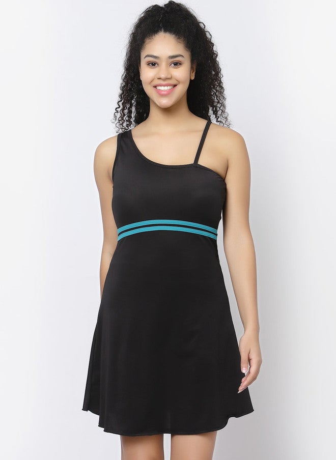 CUKOO Padded One Shoulder Swimming Dress With Attached Shorts - Image 1